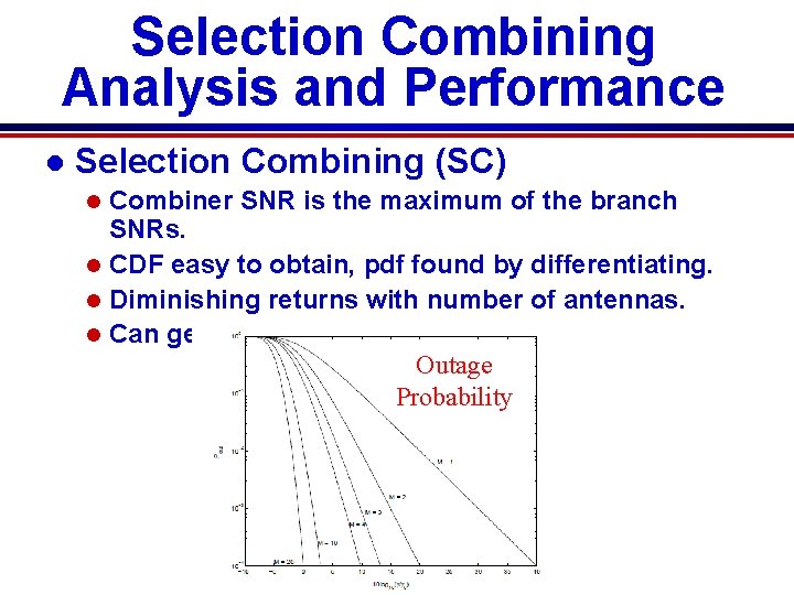 Selection Combining Analysis and Performance l Selection Combining (SC) Combiner SNR is the maximum