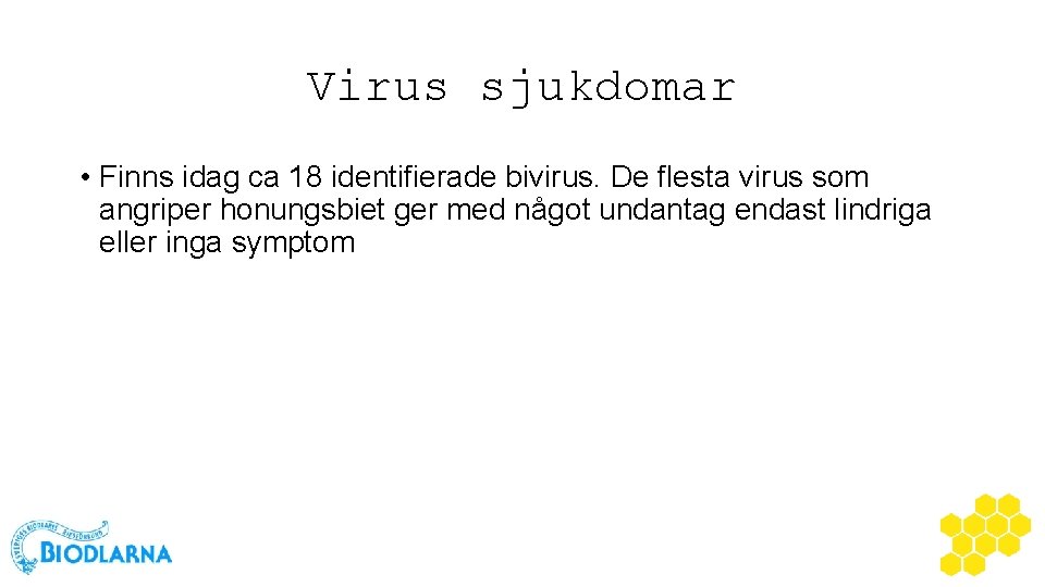 Virus sjukdomar • Finns idag ca 18 identifierade bivirus. De flesta virus som angriper