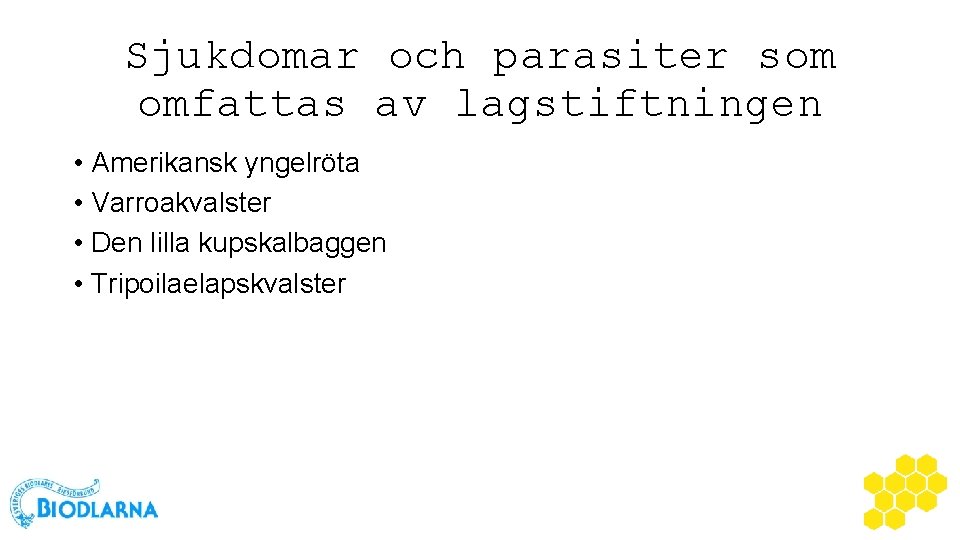 Sjukdomar och parasiter som omfattas av lagstiftningen • Amerikansk yngelröta • Varroakvalster • Den