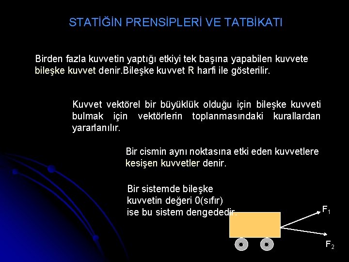 STATİĞİN PRENSİPLERİ VE TATBİKATI Birden fazla kuvvetin yaptığı etkiyi tek başına yapabilen kuvvete bileşke