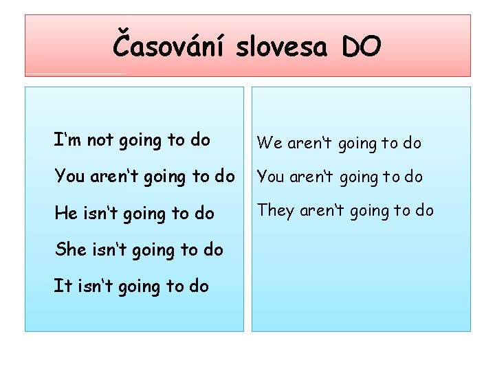 Časování slovesa DO I‘m not going to do We aren‘t going to do You