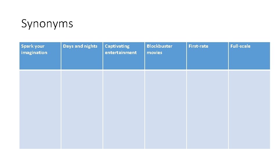 Synonyms Spark your imagination Days and nights Captivating entertainment Blockbuster movies First-rate Full-scale 