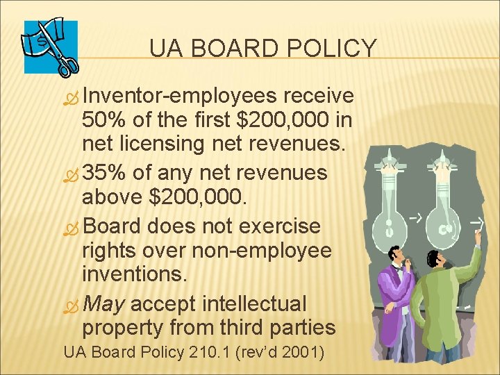 UA BOARD POLICY Inventor-employees receive 50% of the first $200, 000 in net licensing