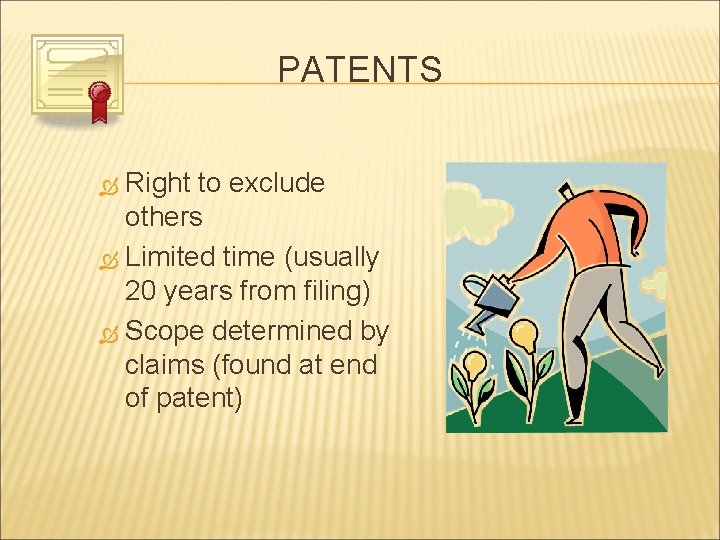 PATENTS Right to exclude others Limited time (usually 20 years from filing) Scope determined