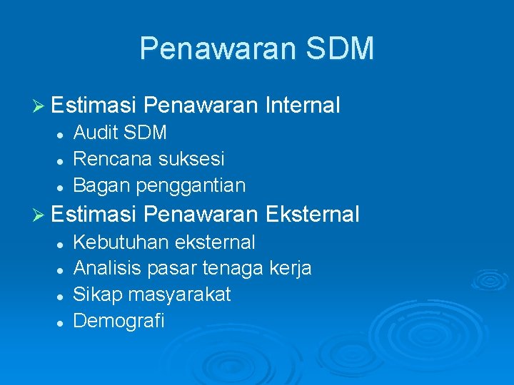 Penawaran SDM Ø Estimasi Penawaran Internal l Audit SDM Rencana suksesi Bagan penggantian Ø