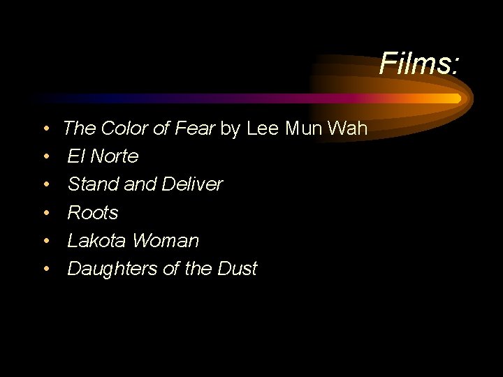 Films: • • • The Color of Fear by Lee Mun Wah El Norte