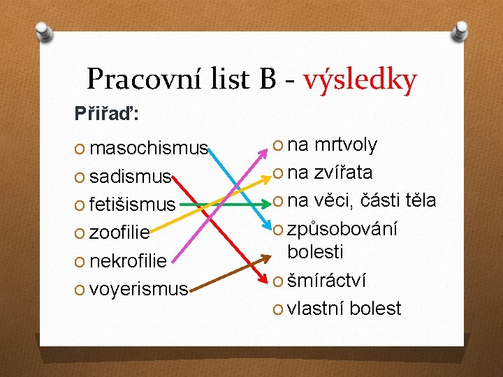 Pracovní list B - výsledky Přiřaď: O masochismus O na mrtvoly O sadismus O