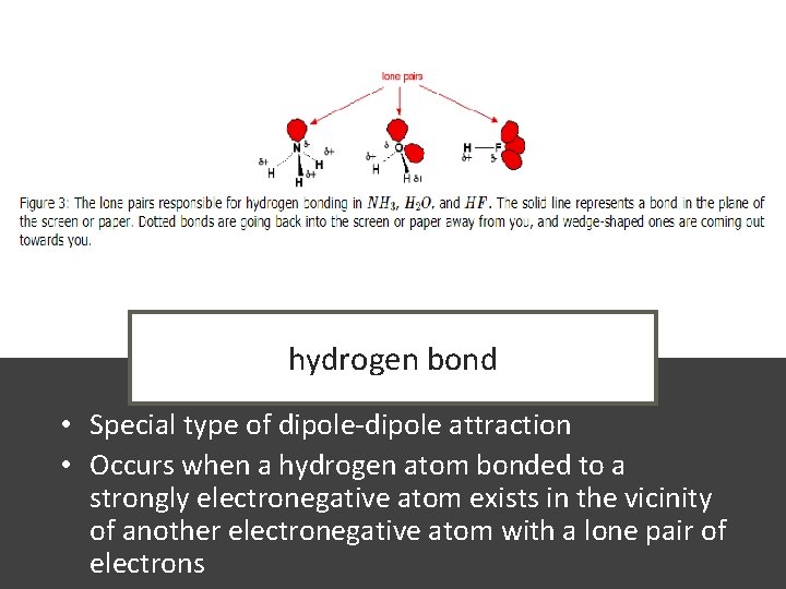 hydrogen bond • Special type of dipole-dipole attraction • Occurs when a hydrogen atom