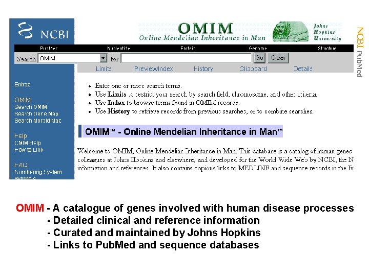 NCBI Pub. Med OMIM - A catalogue of genes involved with human disease processes