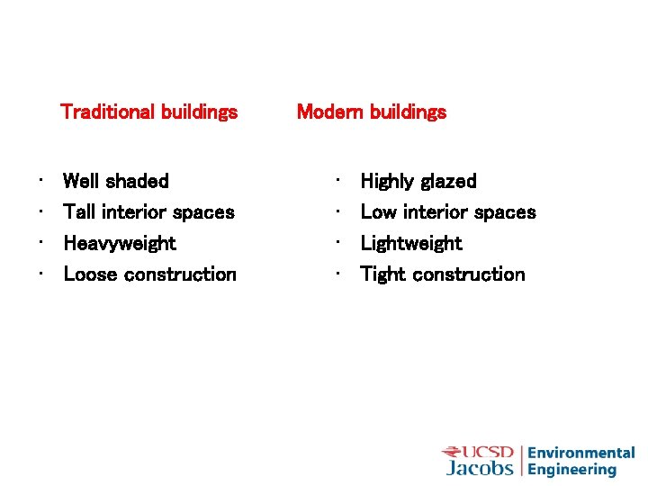 Traditional buildings • • Well shaded Tall interior spaces Heavyweight Loose construction Modern buildings