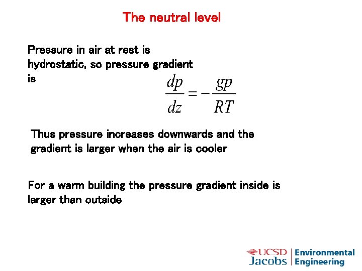 The neutral level Pressure in air at rest is hydrostatic, so pressure gradient is