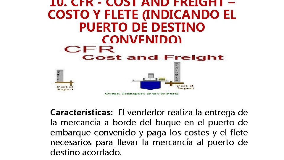 10. CFR - COST AND FREIGHT – COSTO Y FLETE (INDICANDO EL PUERTO DE
