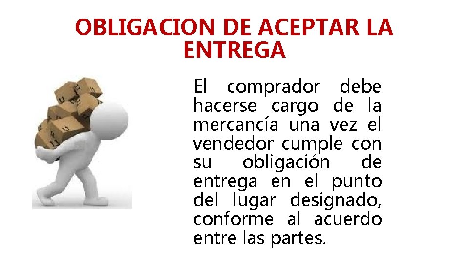 OBLIGACION DE ACEPTAR LA ENTREGA El comprador debe hacerse cargo de la mercancía una