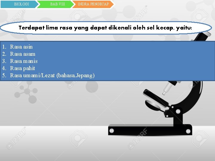 BIOLOGI BAB VIII INDRA PENGECAP Terdapat lima rasa yang dapat dikenali oleh sel kecap,