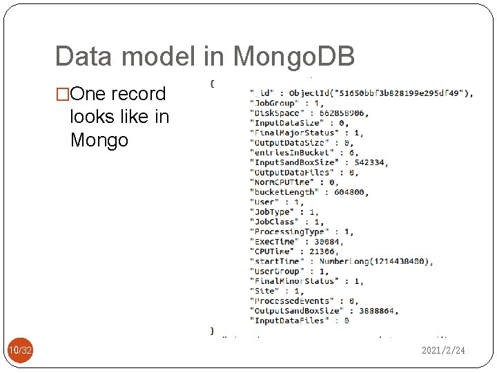 Data model in Mongo. DB �One record looks like in Mongo 10/32 2021/2/24 