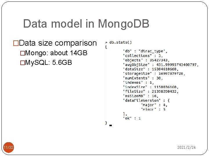 Data model in Mongo. DB �Data size comparison �Mongo: about 14 GB �My. SQL: