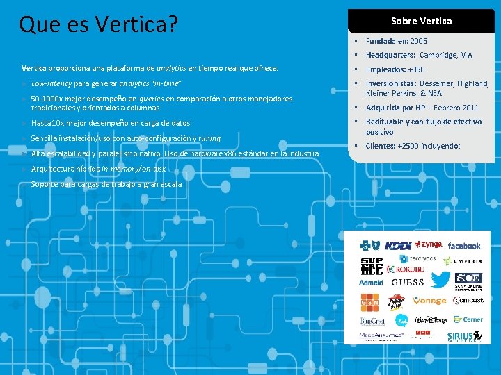 Que es Vertica? Sobre Vertica • Fundada en: 2005 • Headquarters: Cambridge, MA Vertica