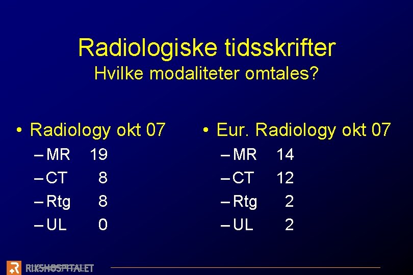 Radiologiske tidsskrifter Hvilke modaliteter omtales? • Radiology okt 07 – MR – CT –