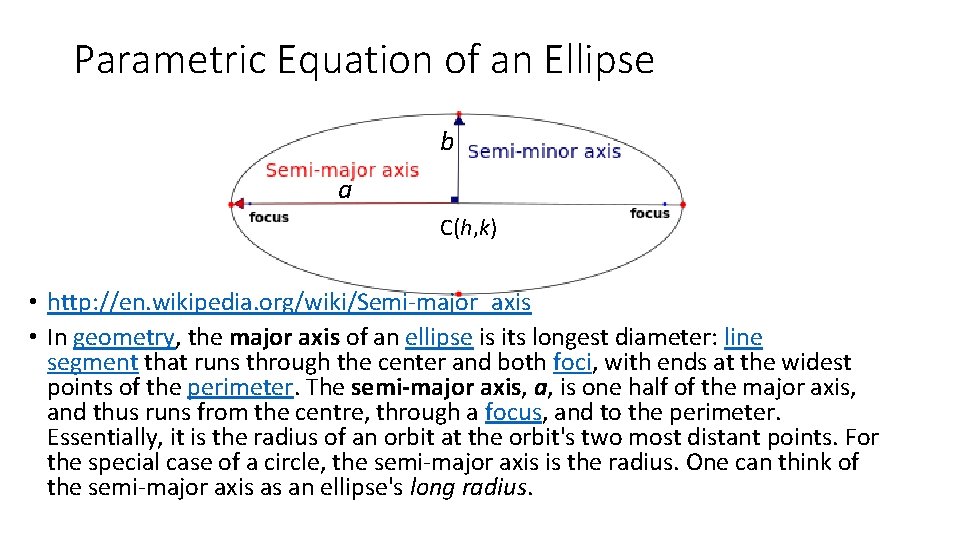 Parametric Equation of an Ellipse b a C(h, k) • http: //en. wikipedia. org/wiki/Semi-major_axis