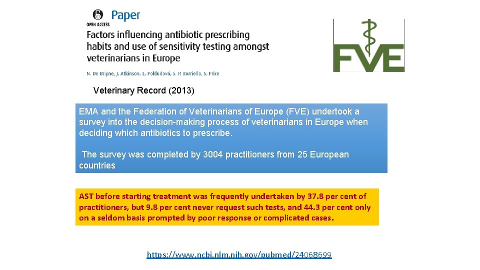 Veterinary Record (2013) EMA and the Federation of Veterinarians of Europe (FVE) undertook a