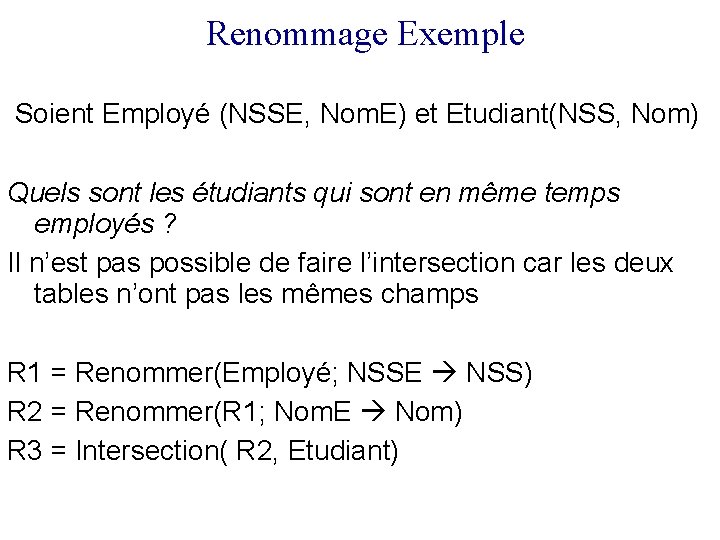 Renommage Exemple Soient Employé (NSSE, Nom. E) et Etudiant(NSS, Nom) Quels sont les étudiants