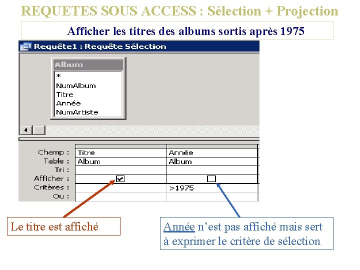 REQUETES SOUS ACCESS : Sélection + Projection Afficher les titres des albums sortis après