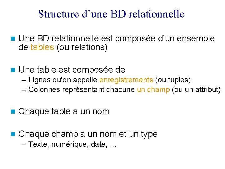 Structure d’une BD relationnelle Une BD relationnelle est composée d’un ensemble de tables (ou