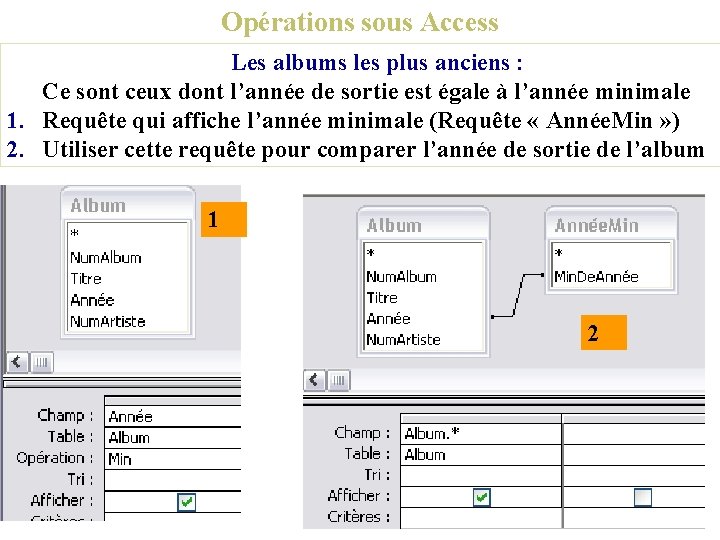 Opérations sous Access Les albums les plus anciens : Ce sont ceux dont l’année