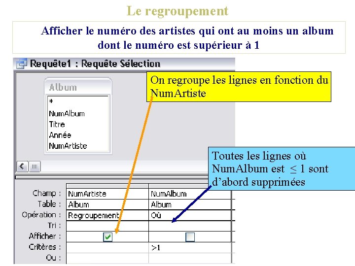 Le regroupement Afficher le numéro des artistes qui ont au moins un album dont