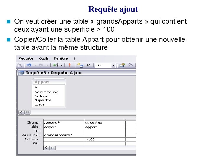 Requête ajout On veut créer une table « grands. Apparts » qui contient ceux