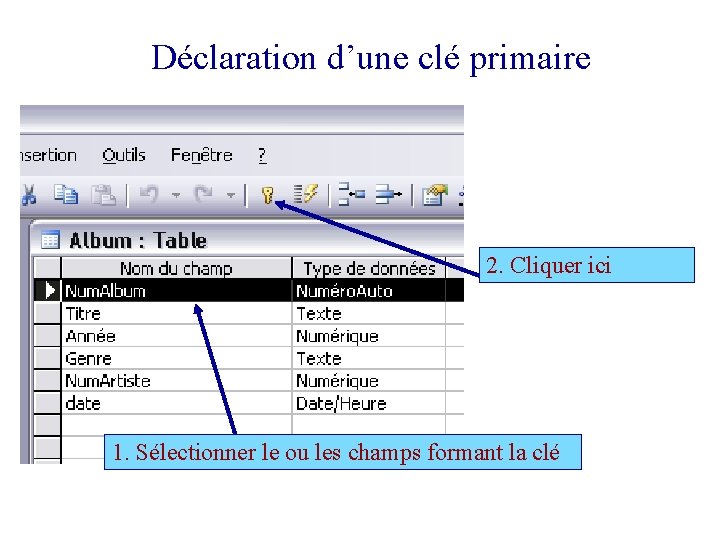 Déclaration d’une clé primaire 2. Cliquer ici 1. Sélectionner le ou les champs formant