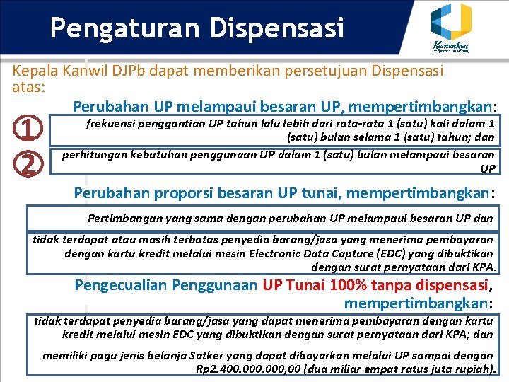 Pengaturan Dispensasi Kepala Kanwil DJPb dapat memberikan persetujuan Dispensasi atas: Perubahan UP melampaui besaran