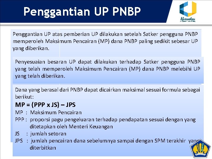 Penggantian UP PNBP Penggantian UP atas pemberian UP dilakukan setelah Satker pengguna PNBP memperoleh