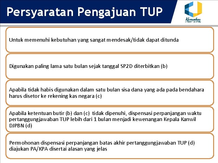 Persyaratan Pengajuan TUP Untuk memenuhi kebutuhan yang sangat mendesak/tidak dapat ditunda Digunakan paling lama