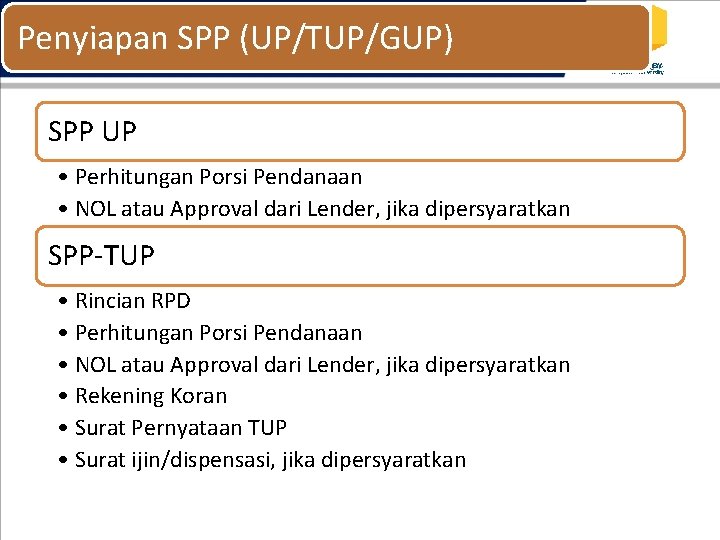 Penyiapan SPP (UP/TUP/GUP) SPP UP • Perhitungan Porsi Pendanaan • NOL atau Approval dari