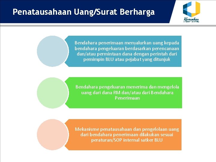 Penatausahaan Uang/Surat Berharga Bendahara penerimaan menyalurkan uang kepada bendahara pengeluaran berdasarkan perencanaan dan/atau permintaan