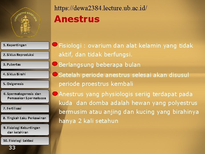 https: //dewa 2384. lecture. ub. ac. id/ Anestrus 1. Kepentingan Fisiologi : ovarium dan