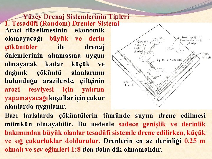 Yüzey Drenaj Sistemlerinin Tipleri 1. Tesadüfi (Random) Drenler Sistemi Arazi düzeltmesinin ekonomik olamayacağı büyük