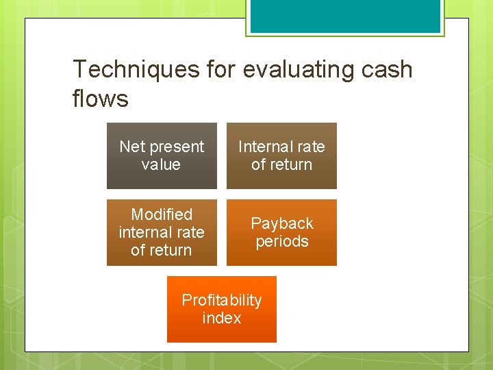 Techniques for evaluating cash flows Net present value Internal rate of return Modified internal