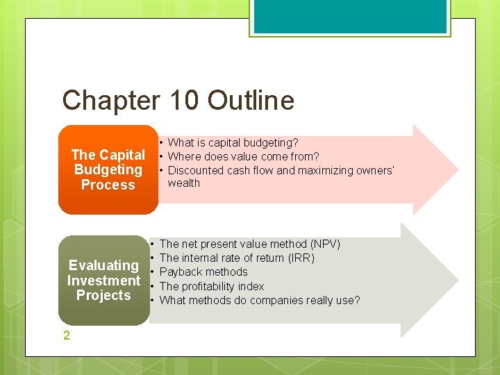 Chapter 10 Outline • What is capital budgeting? • Where does value come from?