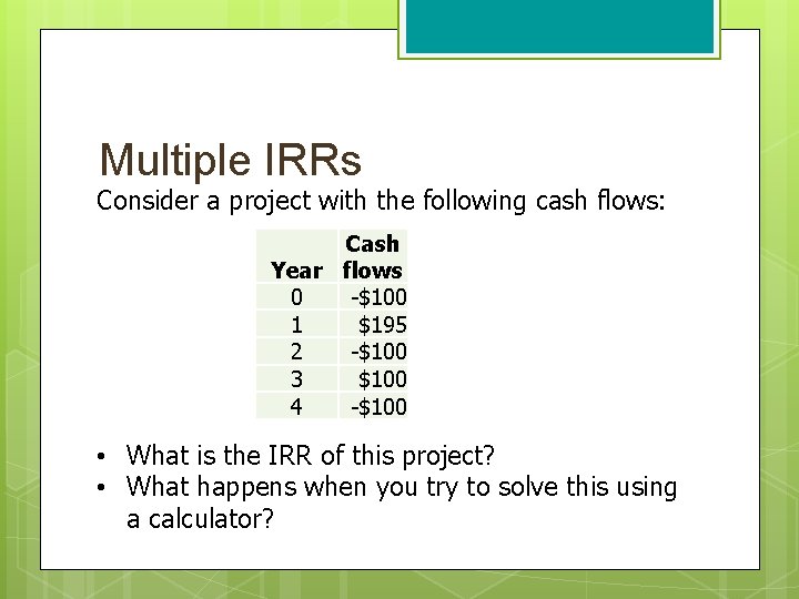 Multiple IRRs Consider a project with the following cash flows: Cash Year flows 0