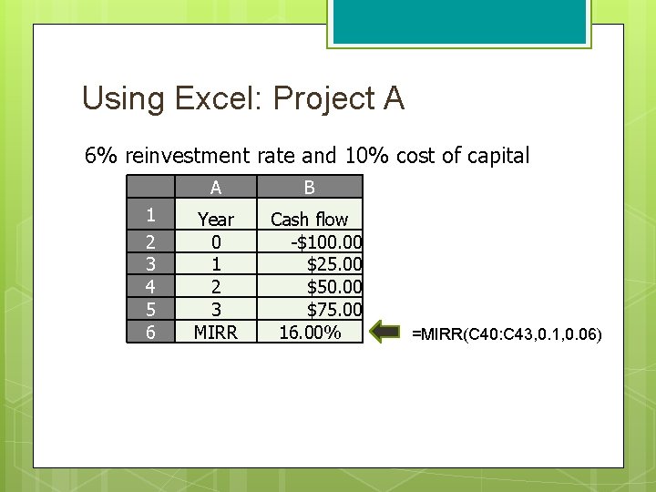 Using Excel: Project A 6% reinvestment rate and 10% cost of capital A 1