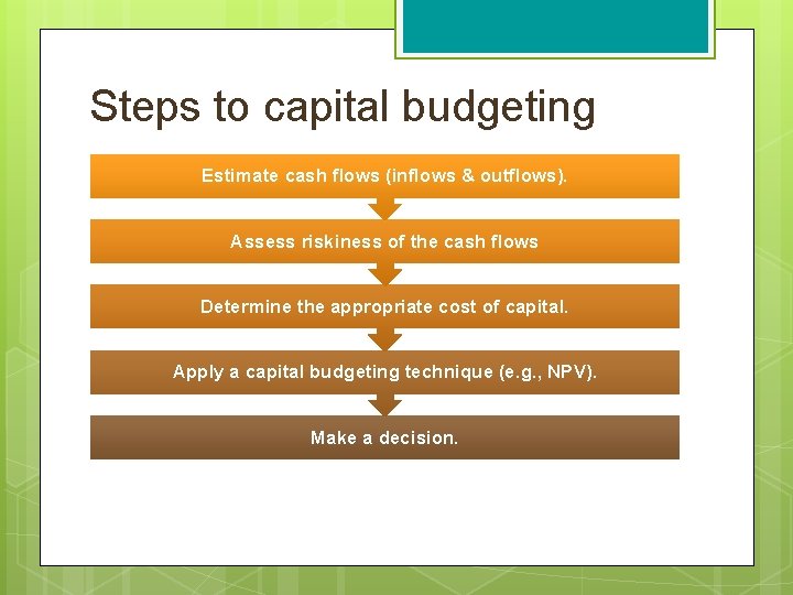 Steps to capital budgeting Estimate cash flows (inflows & outflows). Assess riskiness of the