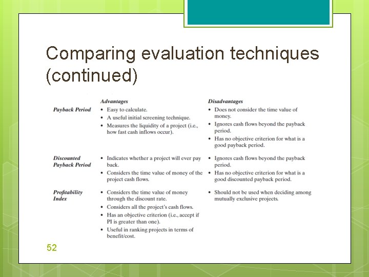 Comparing evaluation techniques (continued) 52 