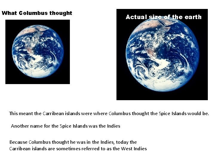 What Columbus thought Actual size of the earth This meant the Carribean islands were