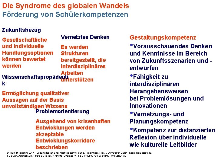 Die Syndrome des globalen Wandels Förderung von Schülerkompetenzen Zukunftsbezug Gesellschaftliche und individuelle Handlungsoptionen können