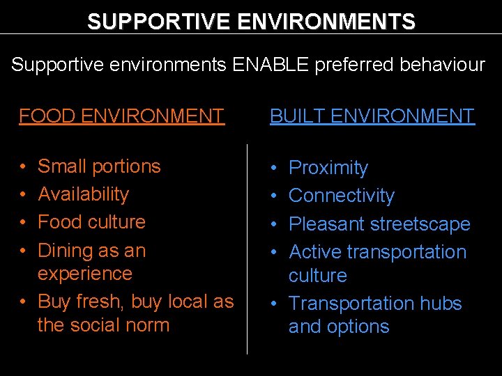 SUPPORTIVE ENVIRONMENTS Supportive environments ENABLE preferred behaviour FOOD ENVIRONMENT BUILT ENVIRONMENT • • Small