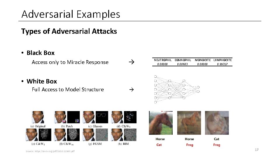 Adversarial Examples Types of Adversarial Attacks • Black Box Access only to Miracle Response Adversarial Examples Types of Adversarial Attacks • Black Box Access only to Miracle Response