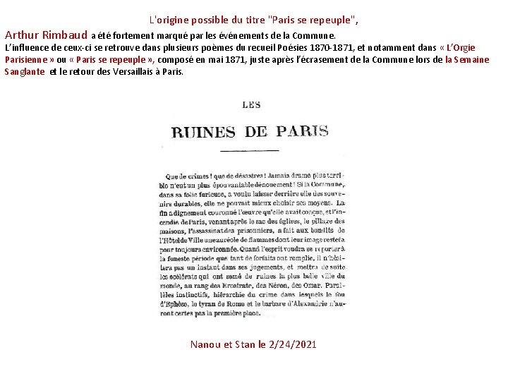 L'origine possible du titre "Paris se repeuple", Arthur Rimbaud a été fortement marqué par