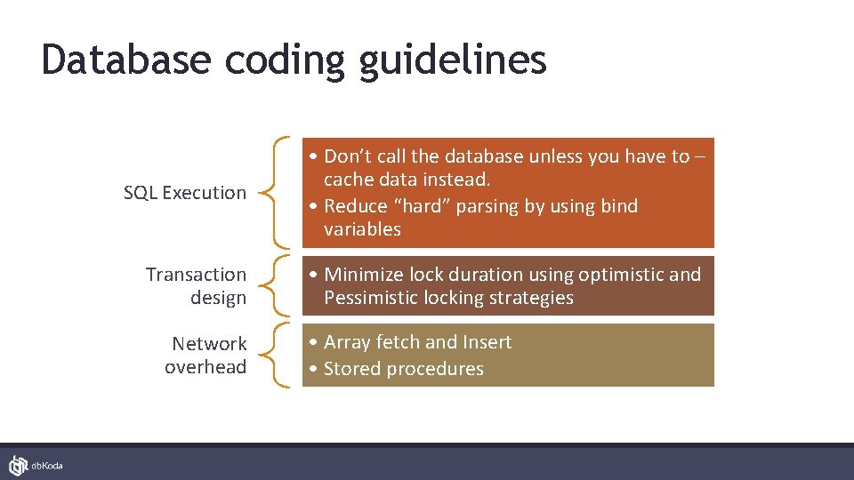 Database coding guidelines SQL Execution • Don’t call the database unless you have to